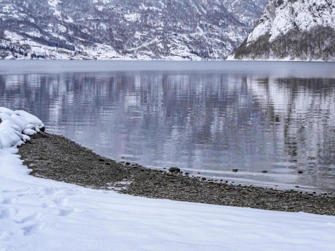 paysage d'hiver à la rivière du lac fjord à framfjorden norvège. photo