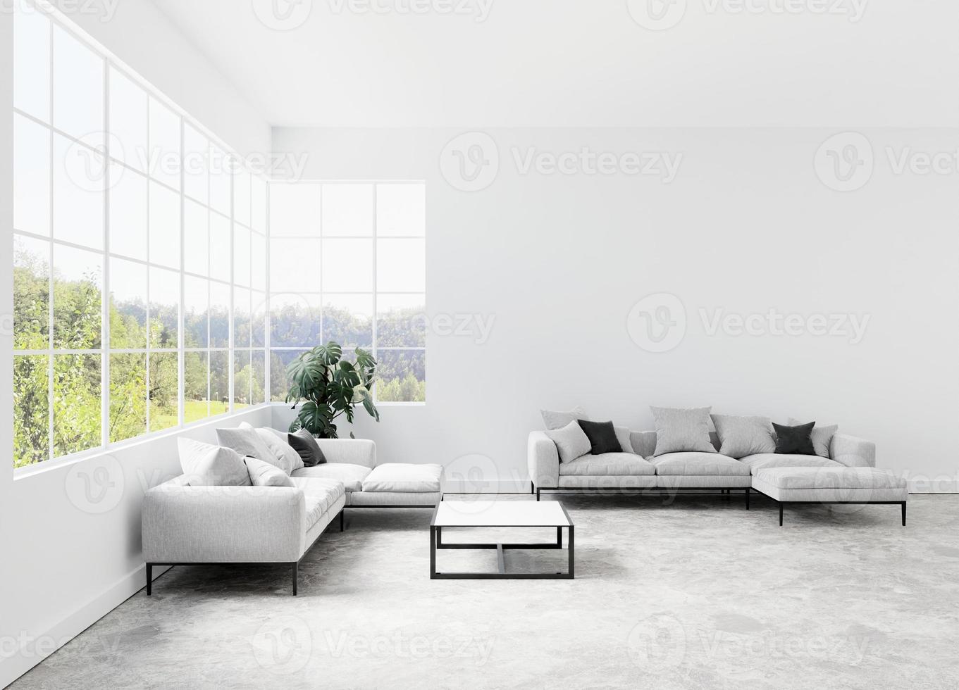 appartement minimaliste propre avec mur blanc et rendu 3d d'un canapé gris photo