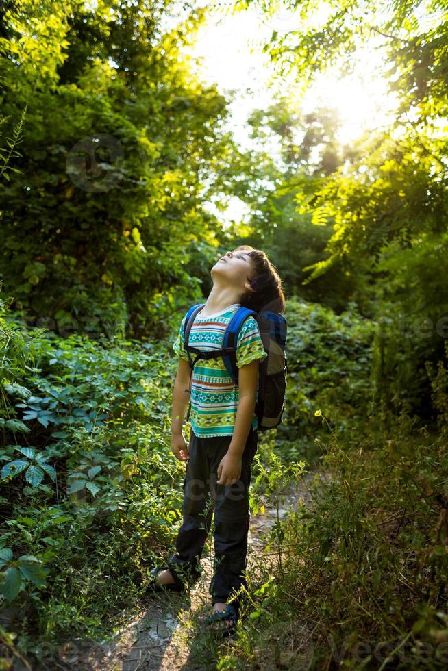 un garçon avec un sac à dos marche à travers la forêt photo