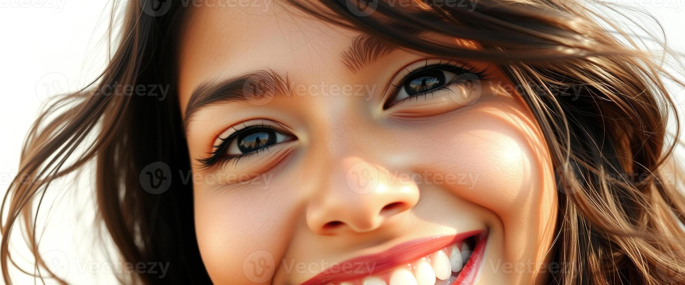 proche en haut portrait de une magnifique Jeune femme souriant avec sa cheveux soufflant dans le vent photo