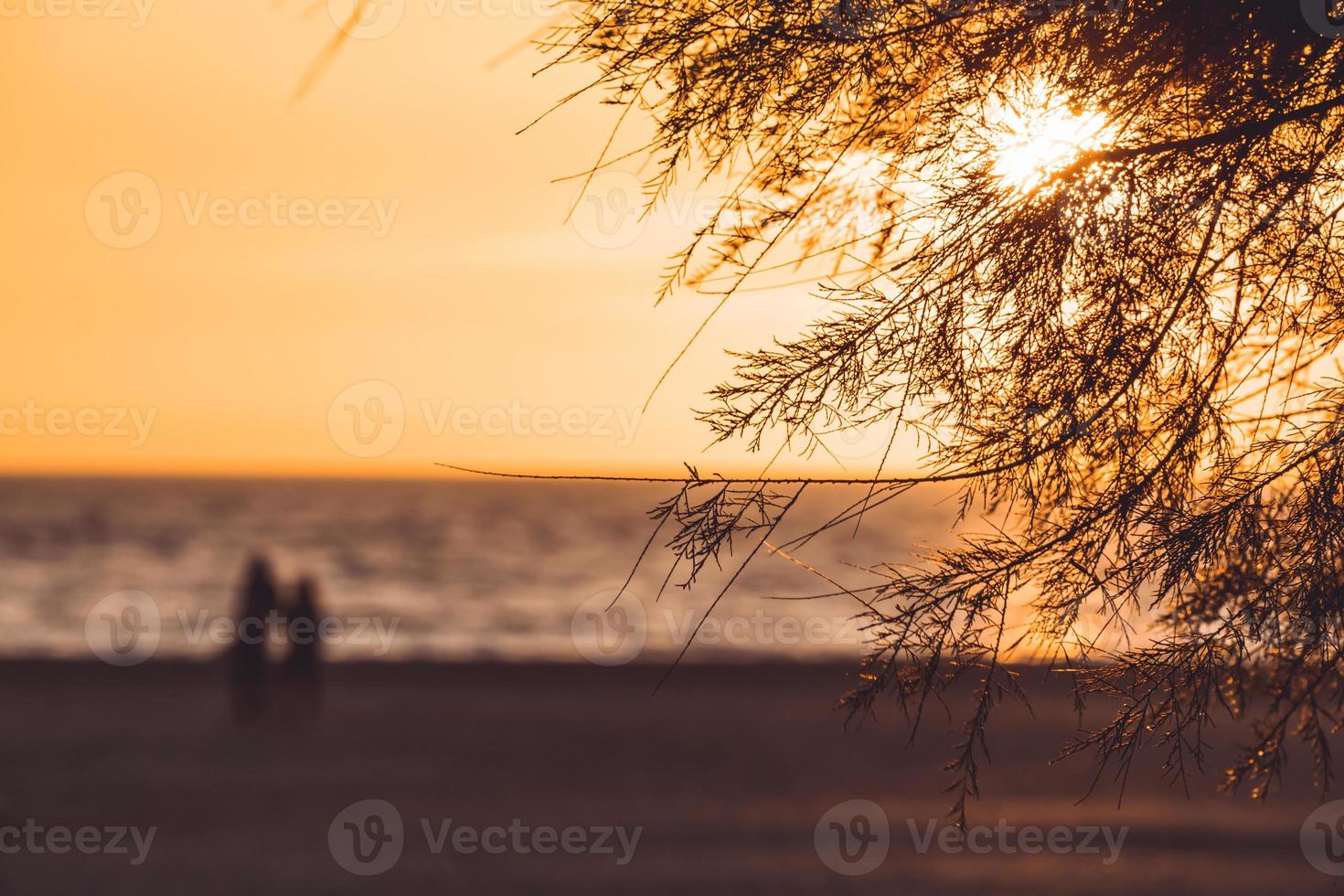 couple se promenant le long d'une plage déserte au coucher du soleil photo