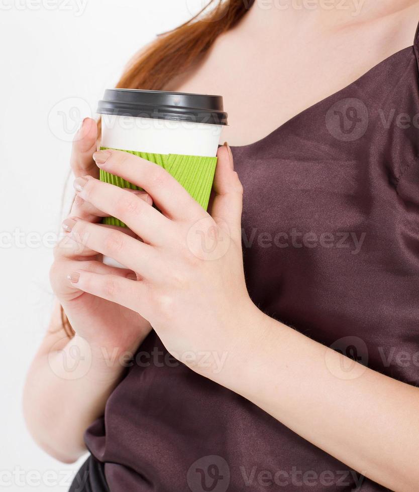 fille avec du café. boisson du matin. vue de dessus. maquette. espace de copie. modèle. Vide. photo