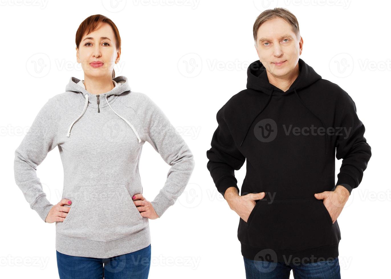 femme et homme en hoodie mock up isolé sur le modèle d'espace de copie de fond blanc. modèle vierge de sweat-shirt vide photo