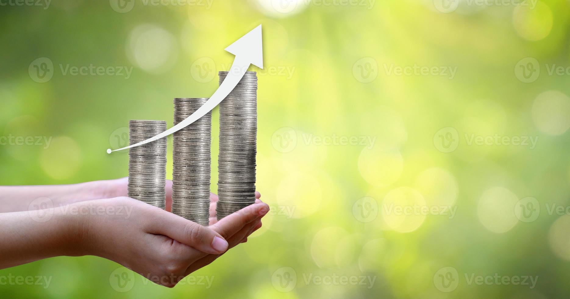 arbre à pièces de main l'arbre pousse sur le tas. économiser de l'argent pour l'avenir. des idées d'investissement et la croissance de l'entreprise. fond vert avec soleil bokeh photo