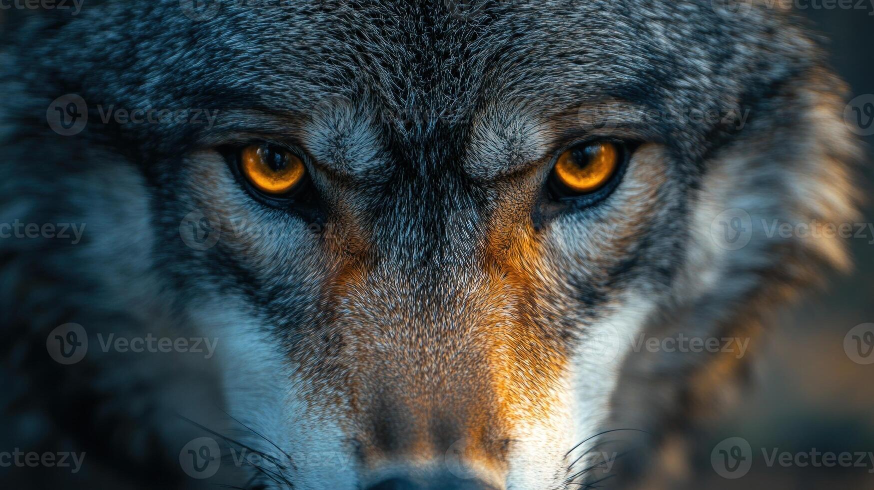 fermer de une loup visage avec intrigant yeux photo