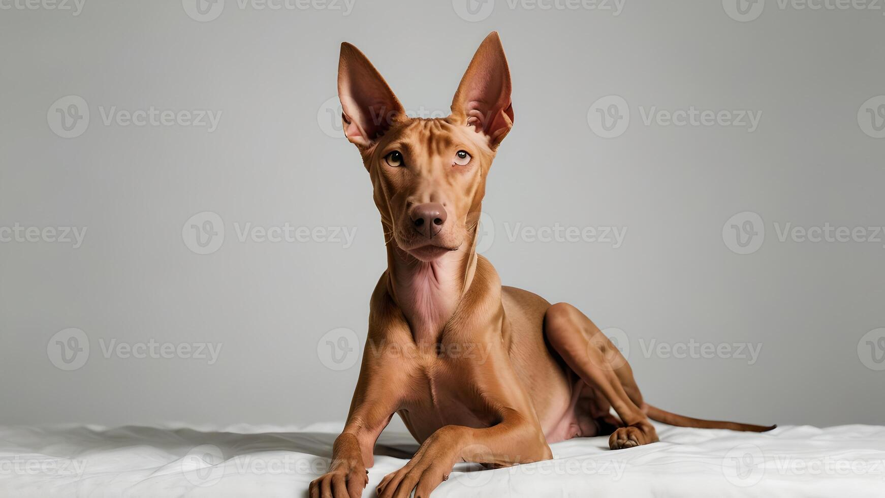 pharaon chien avec frappant yeux posant sur une blanc lit photo