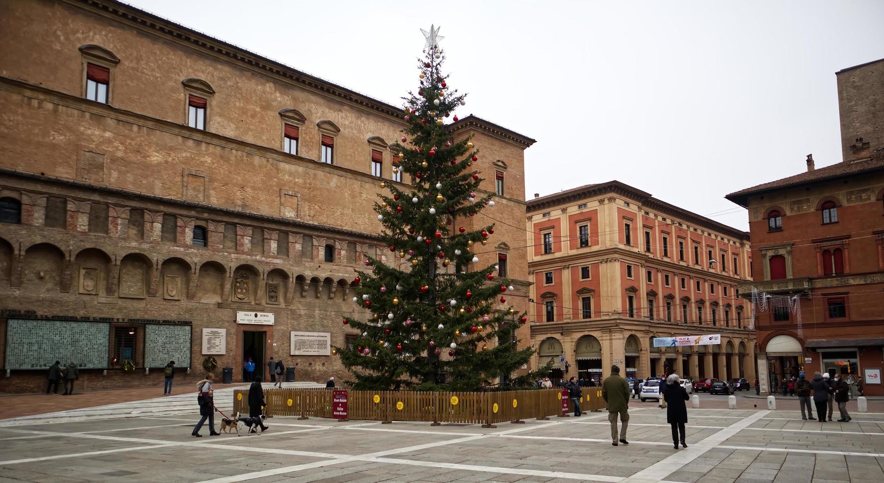 bologne, italie, 2021, grand sapin de noël décoré sur la piazza nettuno. bologne. Italie photo
