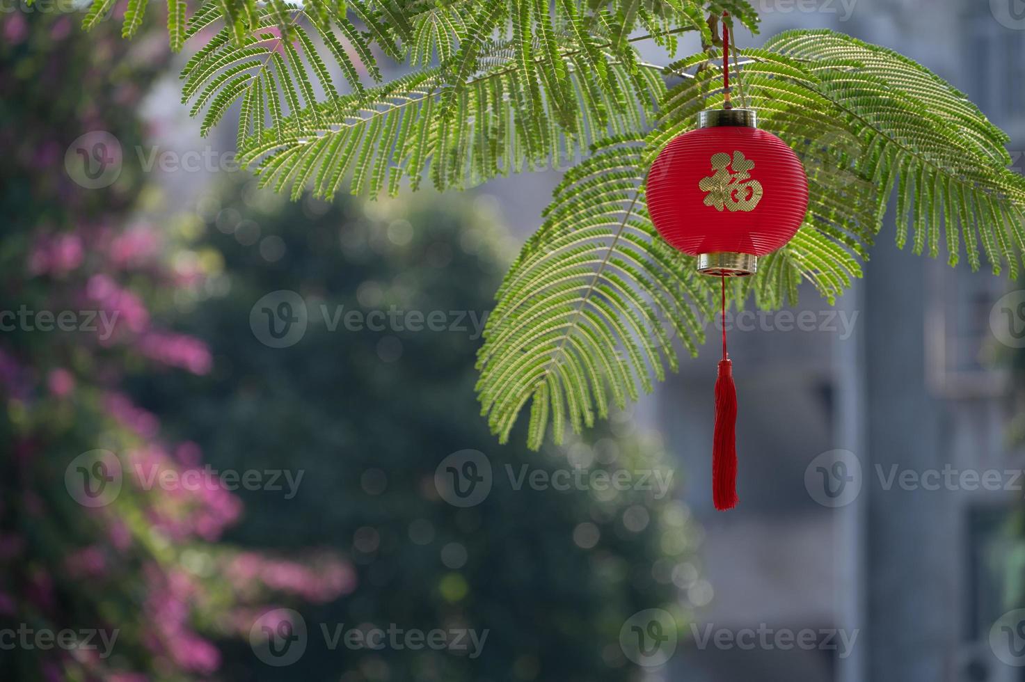des lanternes rouges sont accrochées aux arbres sous le ciel bleu, avec le mot chinois fu, qui signifie chanceux photo