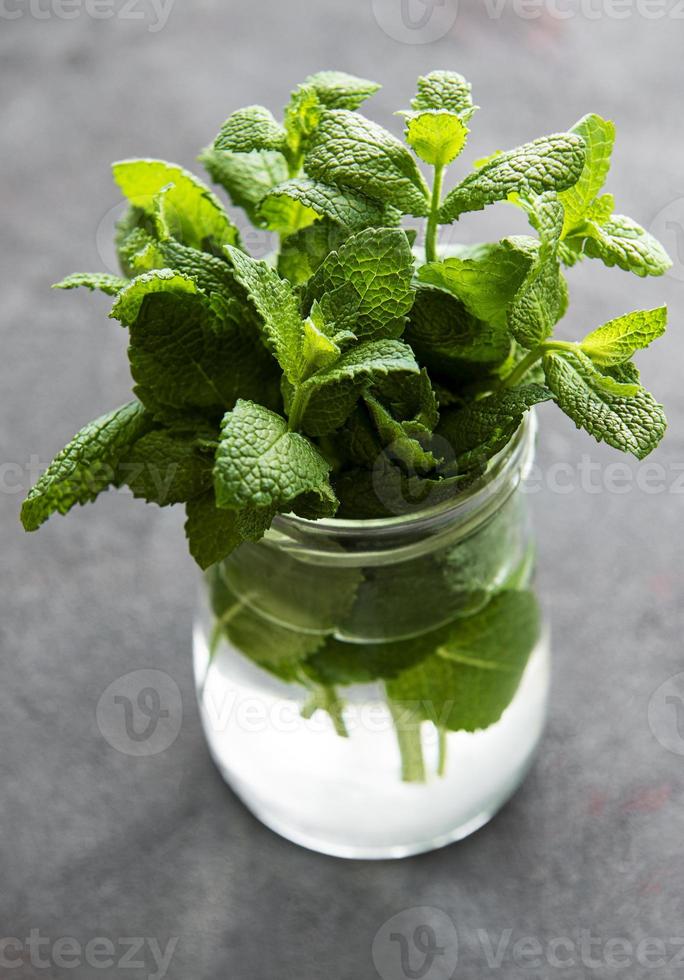 feuilles de menthe fraîche dans un petit bocal en verre photo