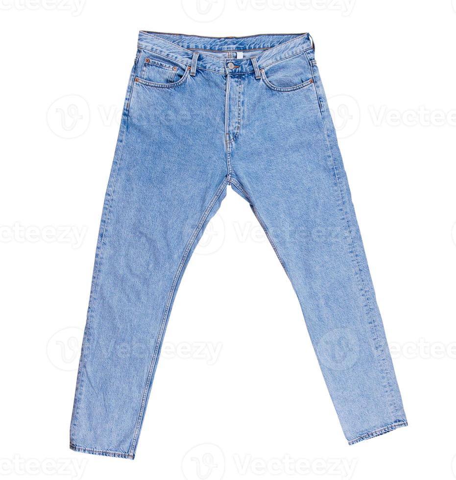 Pantalon en denim isolé, jeans pliés bleus isolés sur fond blanc se bouchent photo