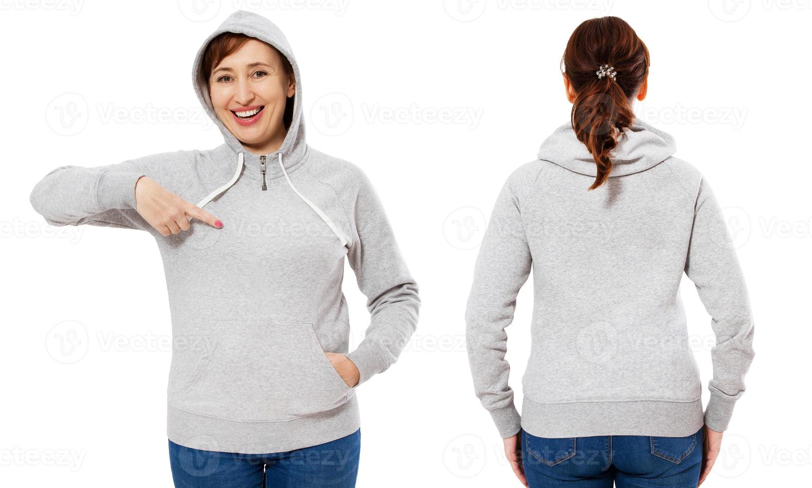heureuse belle femme d'âge moyen élégante pointue en vue avant et arrière du sweat à capuche, femme blanche en maquette de sweat-shirt isolée sur fond blanc. photo