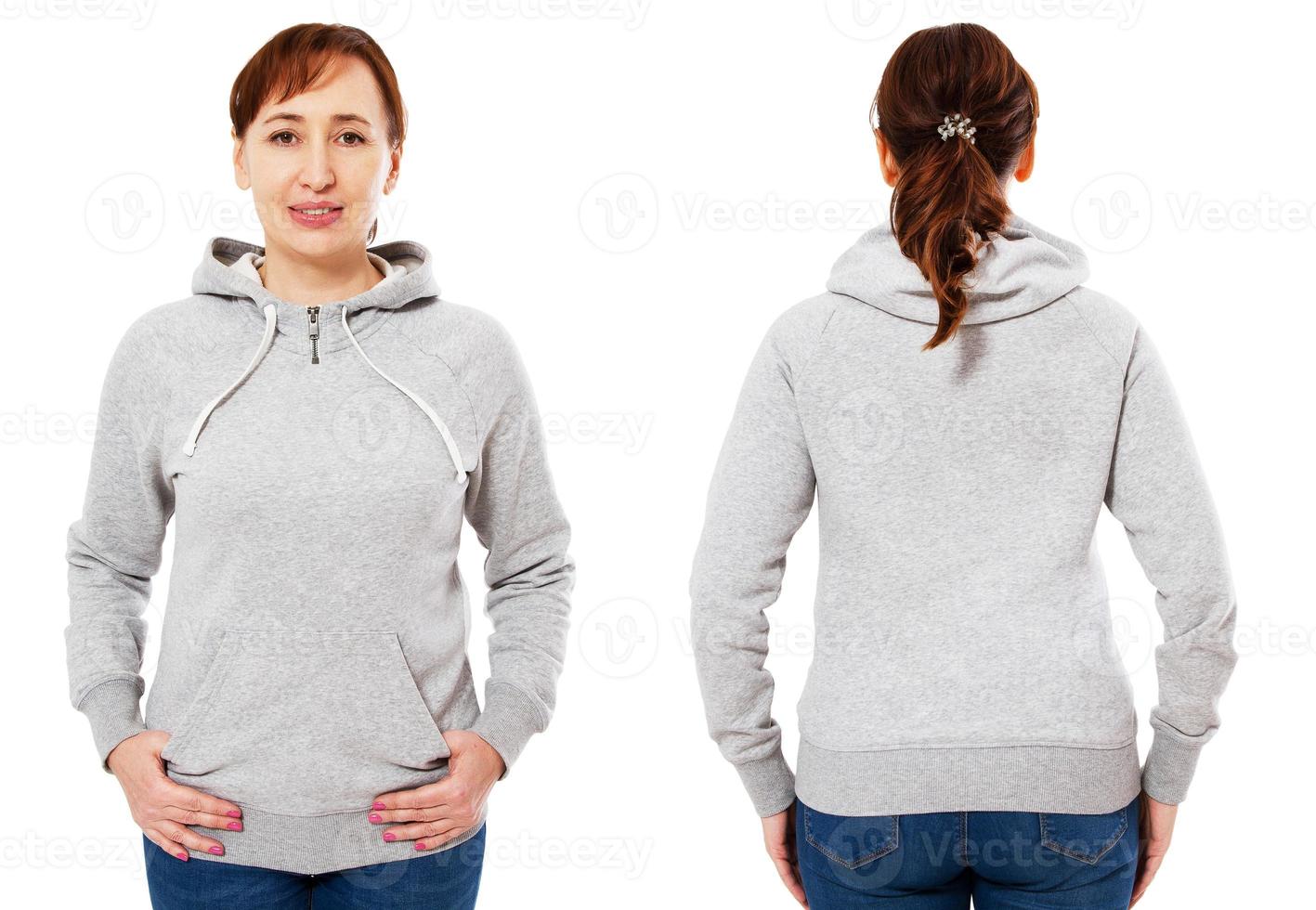 ensemble de maquettes de sweat-shirt gris blanc isolé, vue avant et arrière. femme porte une maquette de sweat à capuche gris. présentation de conception de sweat à capuche simple. modèle salopette ample en textile gris - pull à imprimer photo