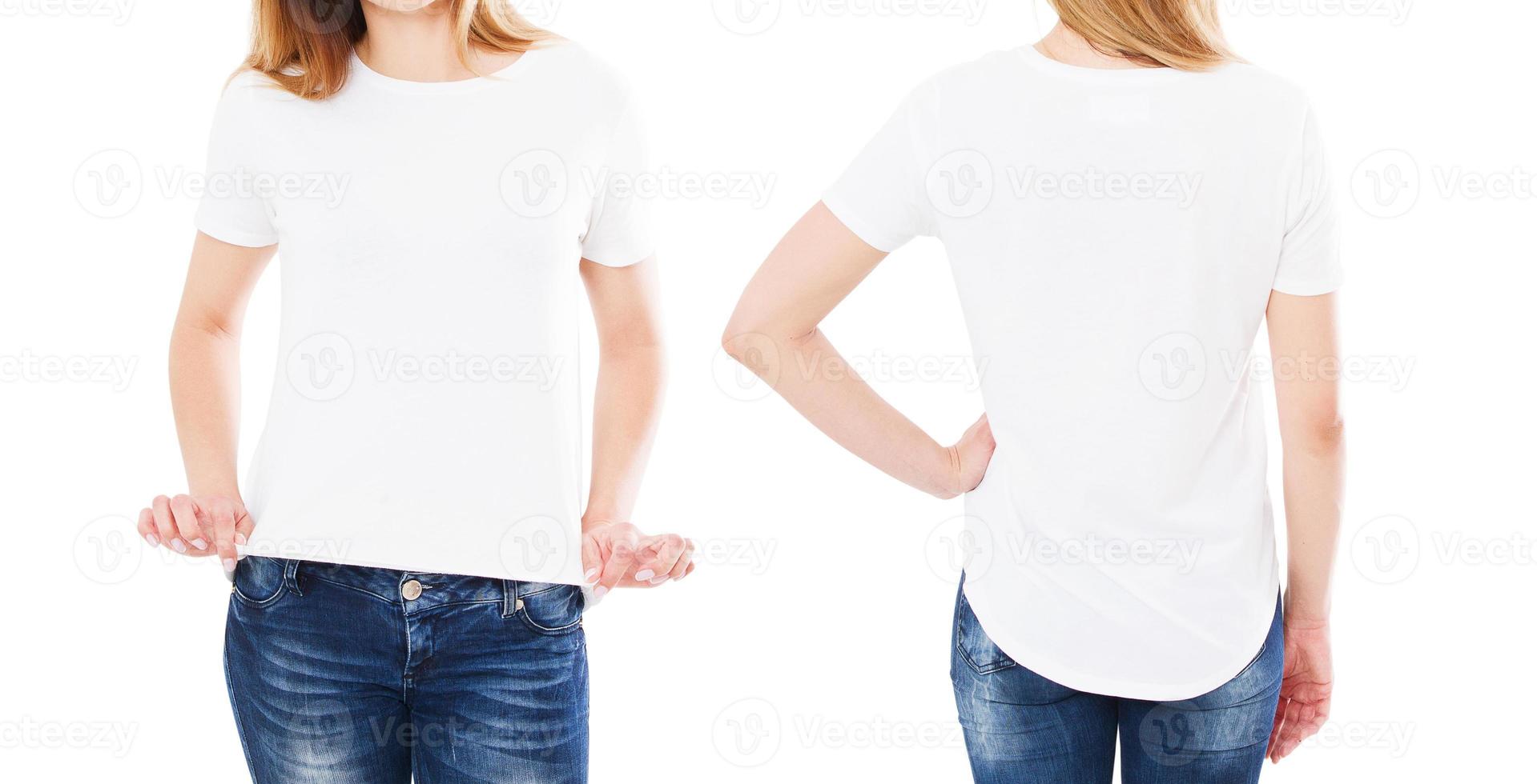 femme en t-shirt isolé sur fond blanc avant arrière photo