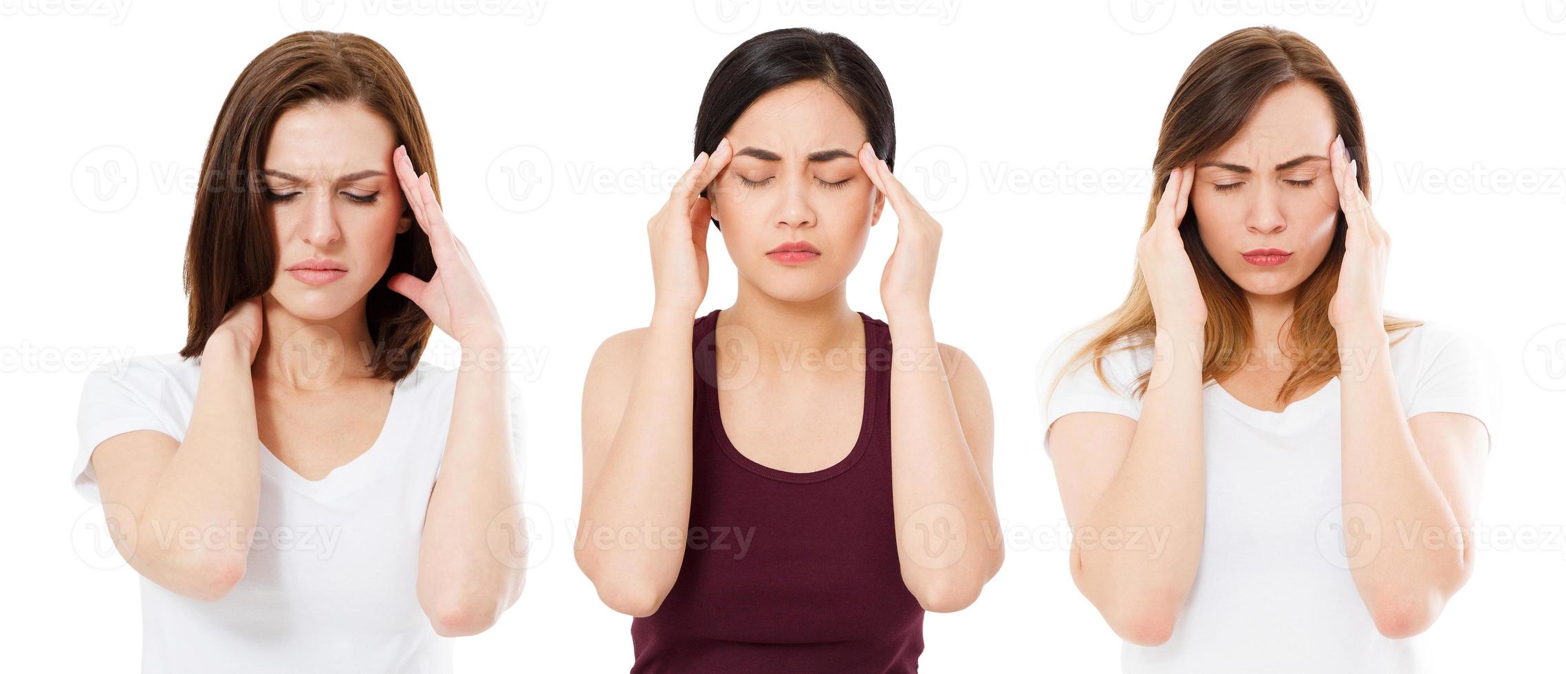 femmes souffrant de maux de tête isolées sur blanc, souffrant d'une femme asiatique et caucasienne, souffrent de personnes photo