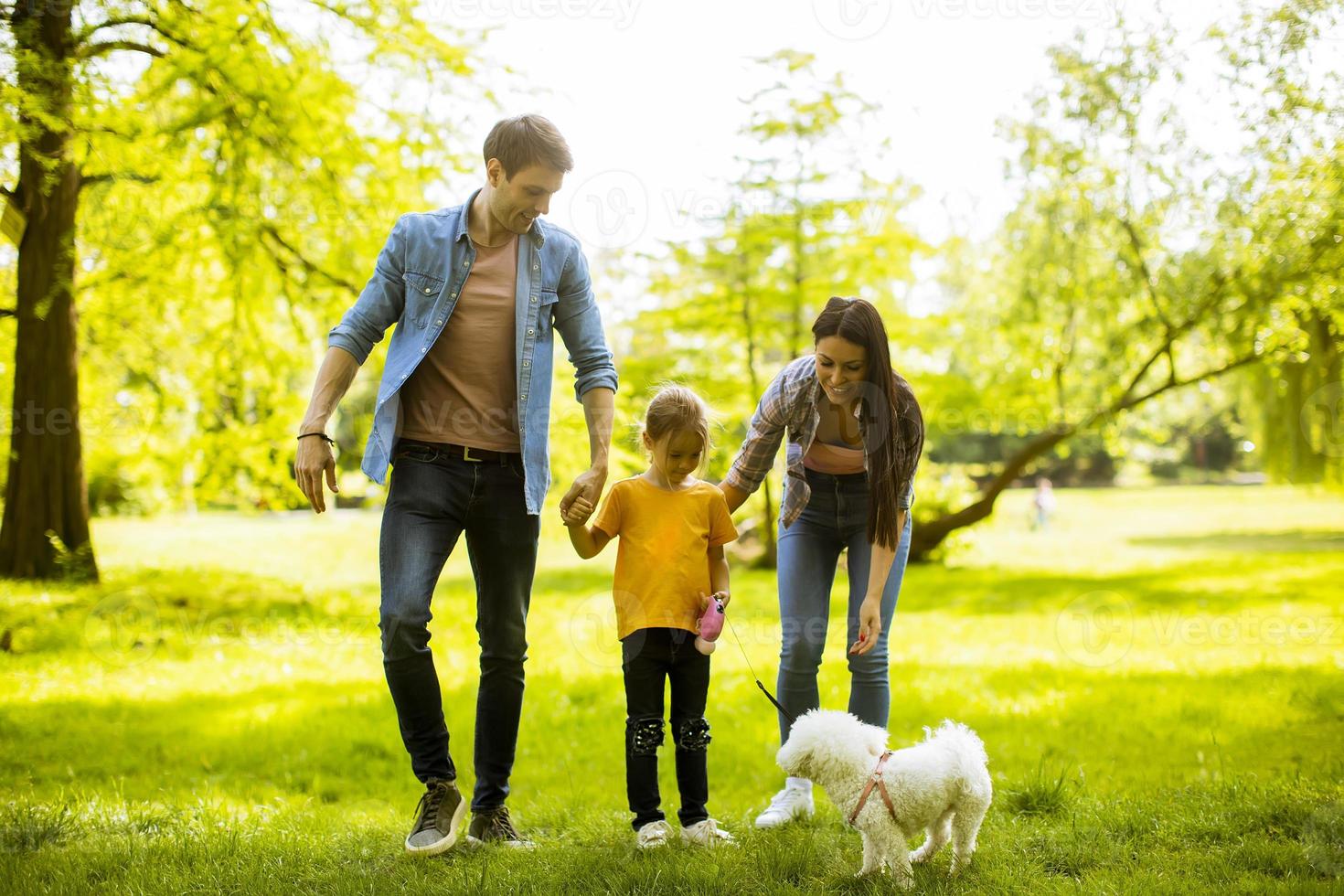 famille heureuse avec un chien bichon mignon dans le parc photo