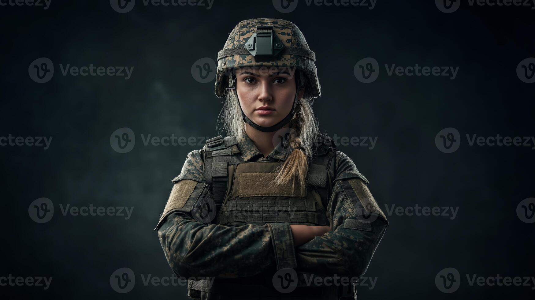 sur de soi Jeune femelle soldat permanent avec franchi bras dans militaire uniforme et casque, prêt pour devoir photo