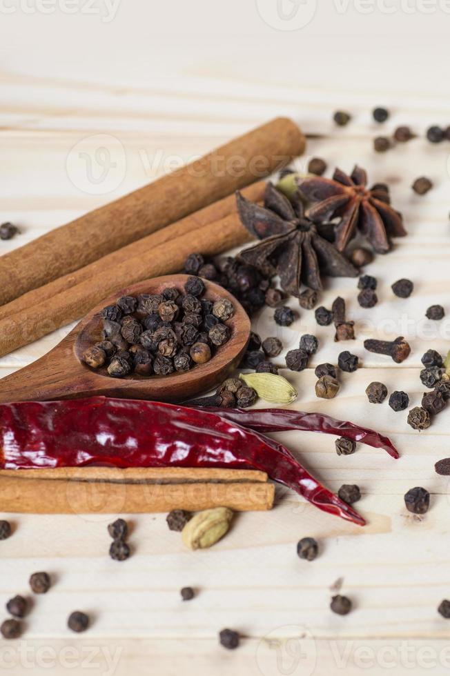 épices et herbes. ingrédients de la nourriture et de la cuisine. bâtons de cannelle, étoiles d'anis, grains de poivre noir, piment, cardamome et clous de girofle sur fond de bois photo