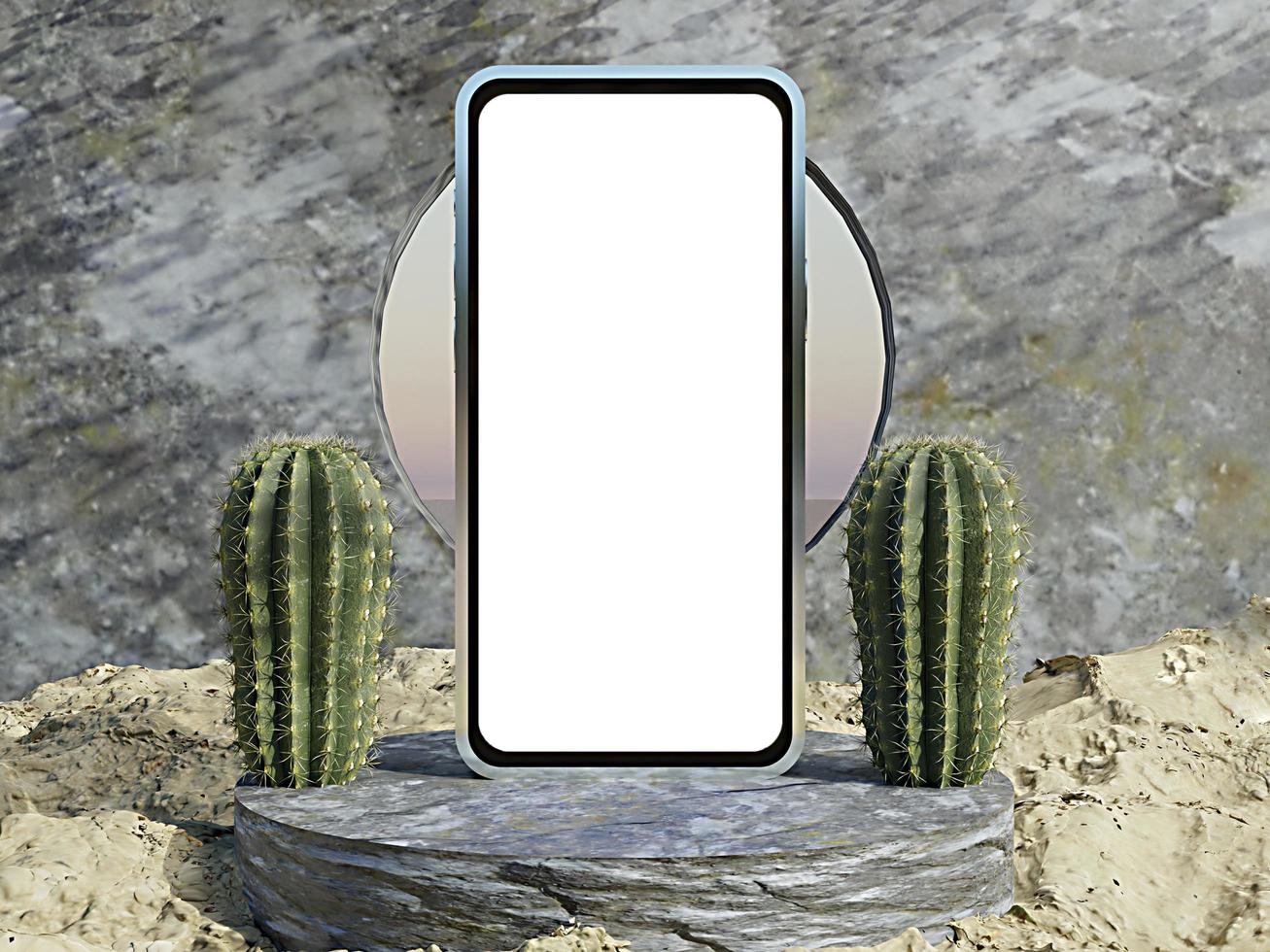 Écran blanc de maquette de téléphone 3D sur un podium de roche avec des plantes dans le sable de la plage photo