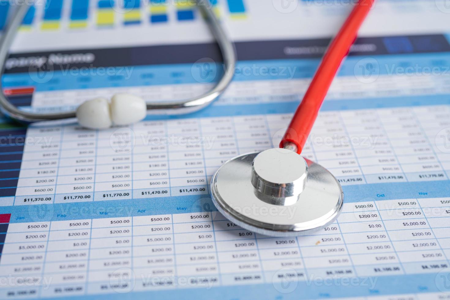 stéthoscope sur feuille de calcul, finance, compte, statistiques, investissement, feuille de calcul d'économie de données de recherche analytique et concept d'entreprise commerciale. photo
