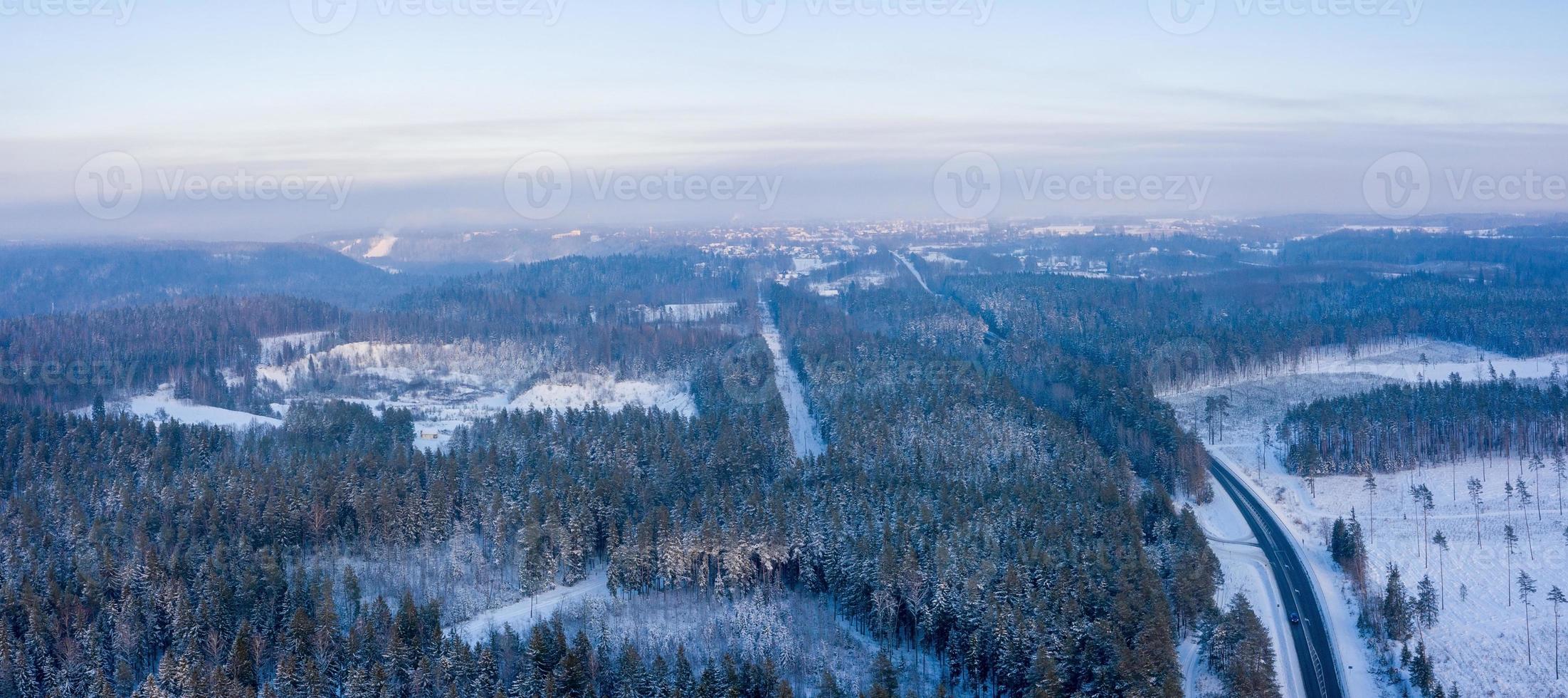 vue aérienne d'une forêt de pins enneigée en hiver. texture de la forêt d'hiver. vue aérienne. vue aérienne de drone d'un paysage d'hiver. forêt couverte de neige. photographie aérienne photo