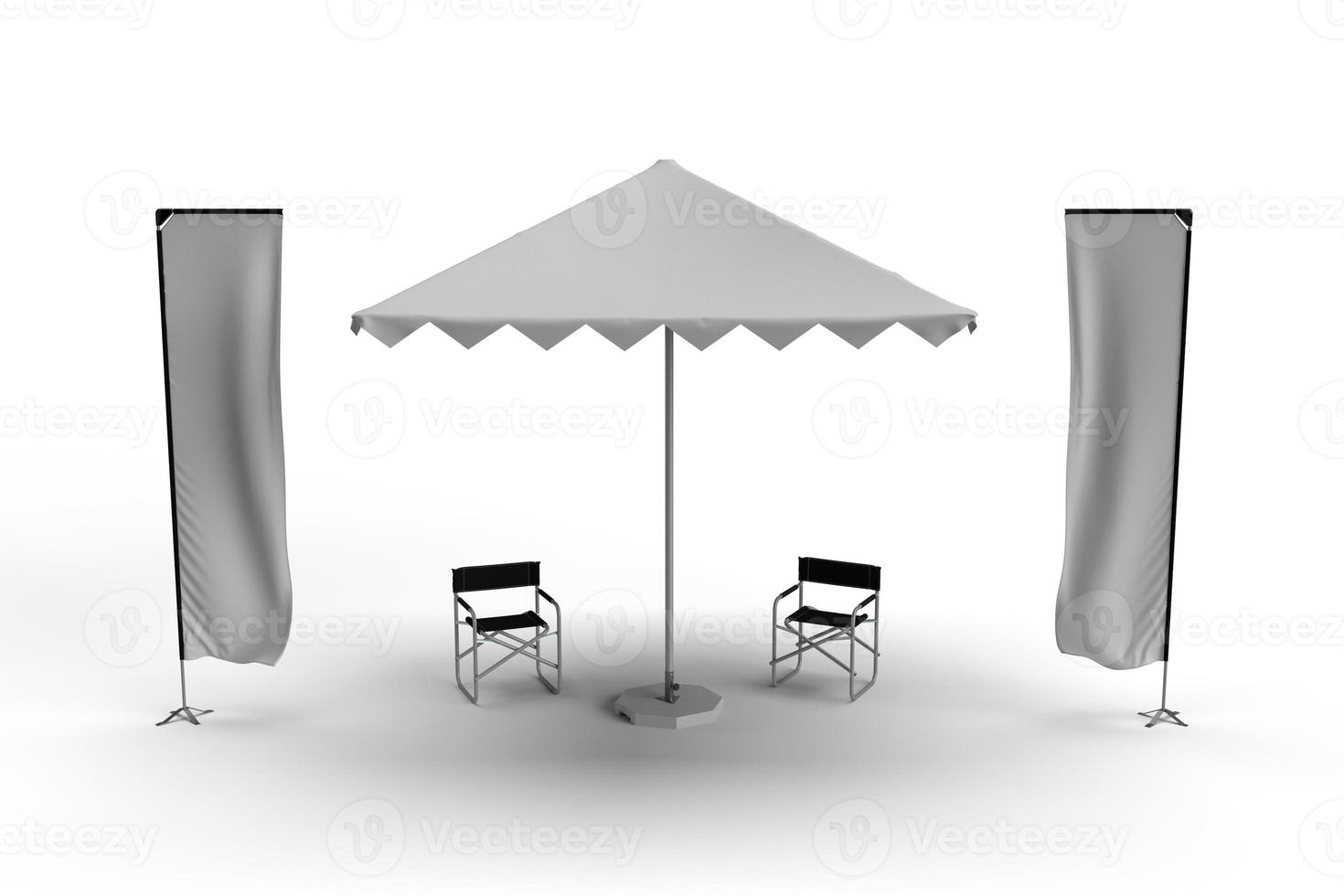 parasol parasol d'exposition avec deux chaises de réalisateur et un deux f photo