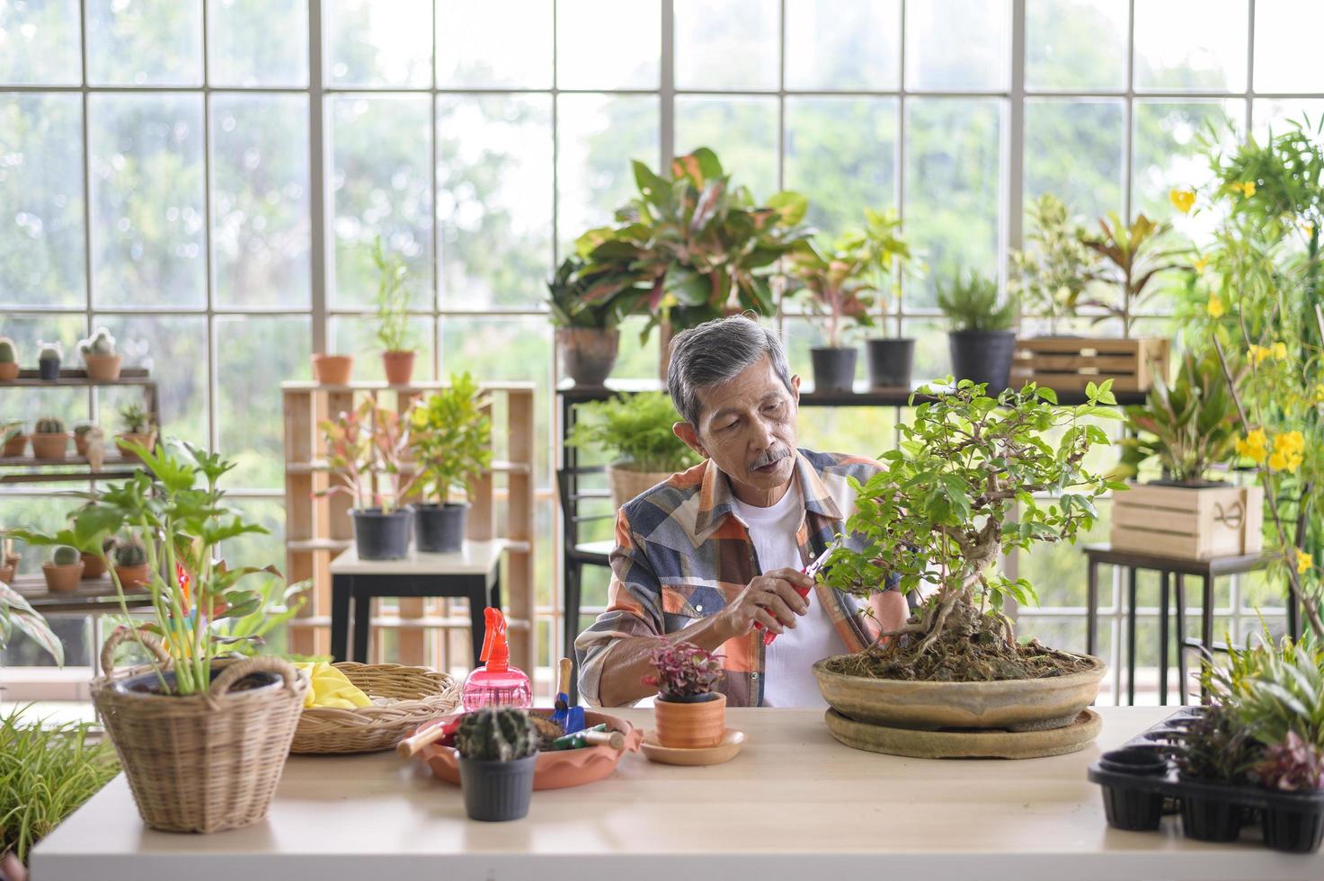 heureux homme retraité asiatique senior se détend et profite d'activités de loisirs dans le jardin à la maison. photo