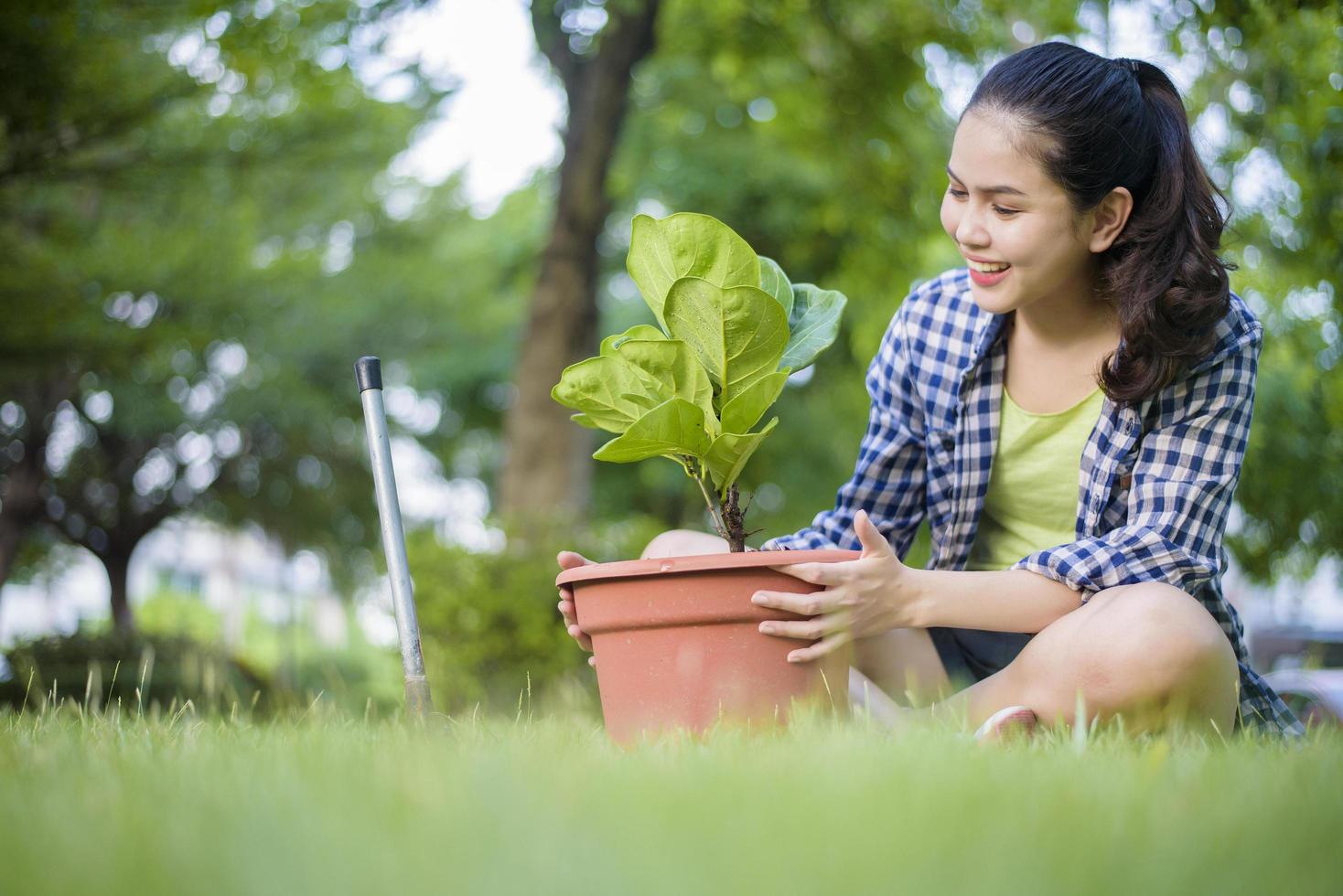 la femme plante l'arbre dans le jardin photo