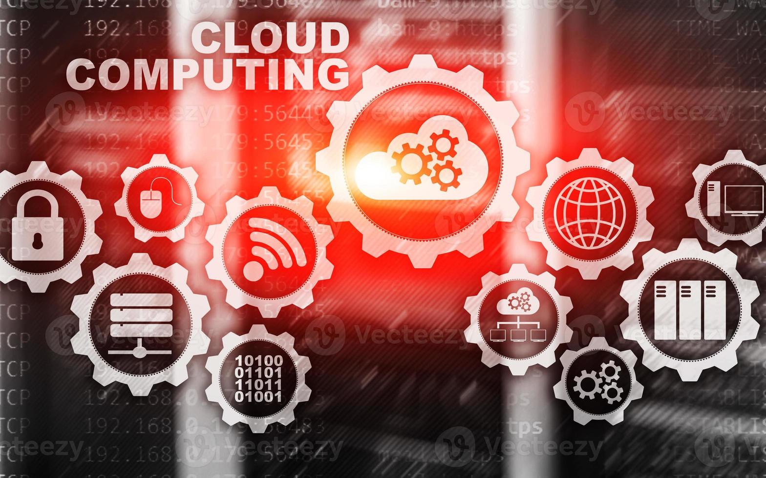 cloud computing, concept de connectivité technologique sur fond de salle de serveur photo