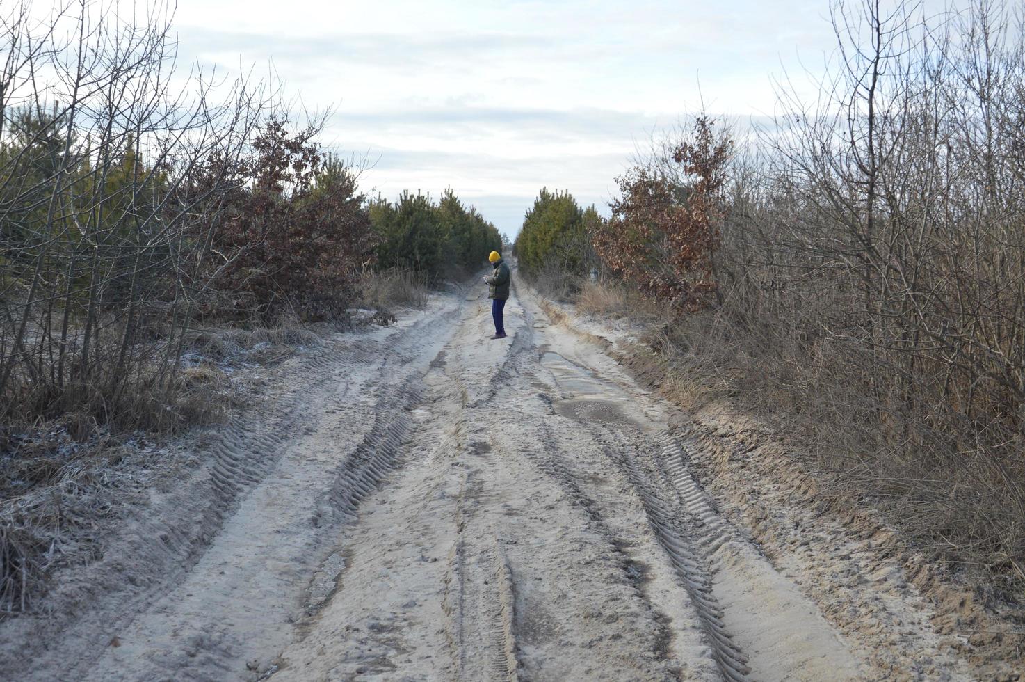 route forestière gelée avec de la glace et de la neige photo