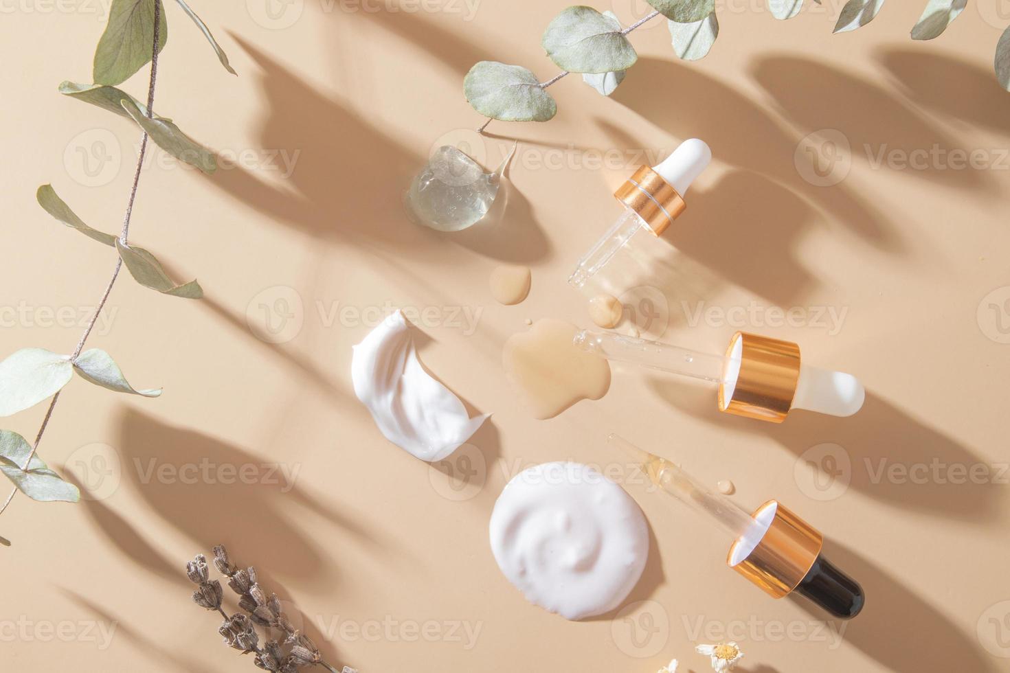 frottis et gouttes de divers produits cosmétiques vue de dessus et pipettes sur fond beige avec eucalyptus sec, lavande photo