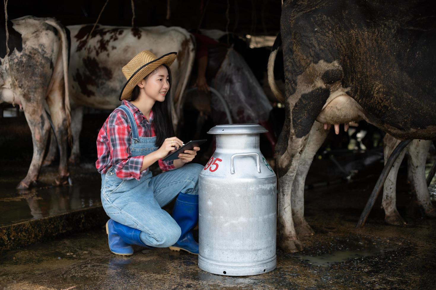 femmes asiatiques agriculture et industrie agricole et concept d'élevage - jeunes femmes ou agricultrices avec ordinateur tablette et vaches dans l'étable d'une ferme laitière avec machines à traire les vaches photo