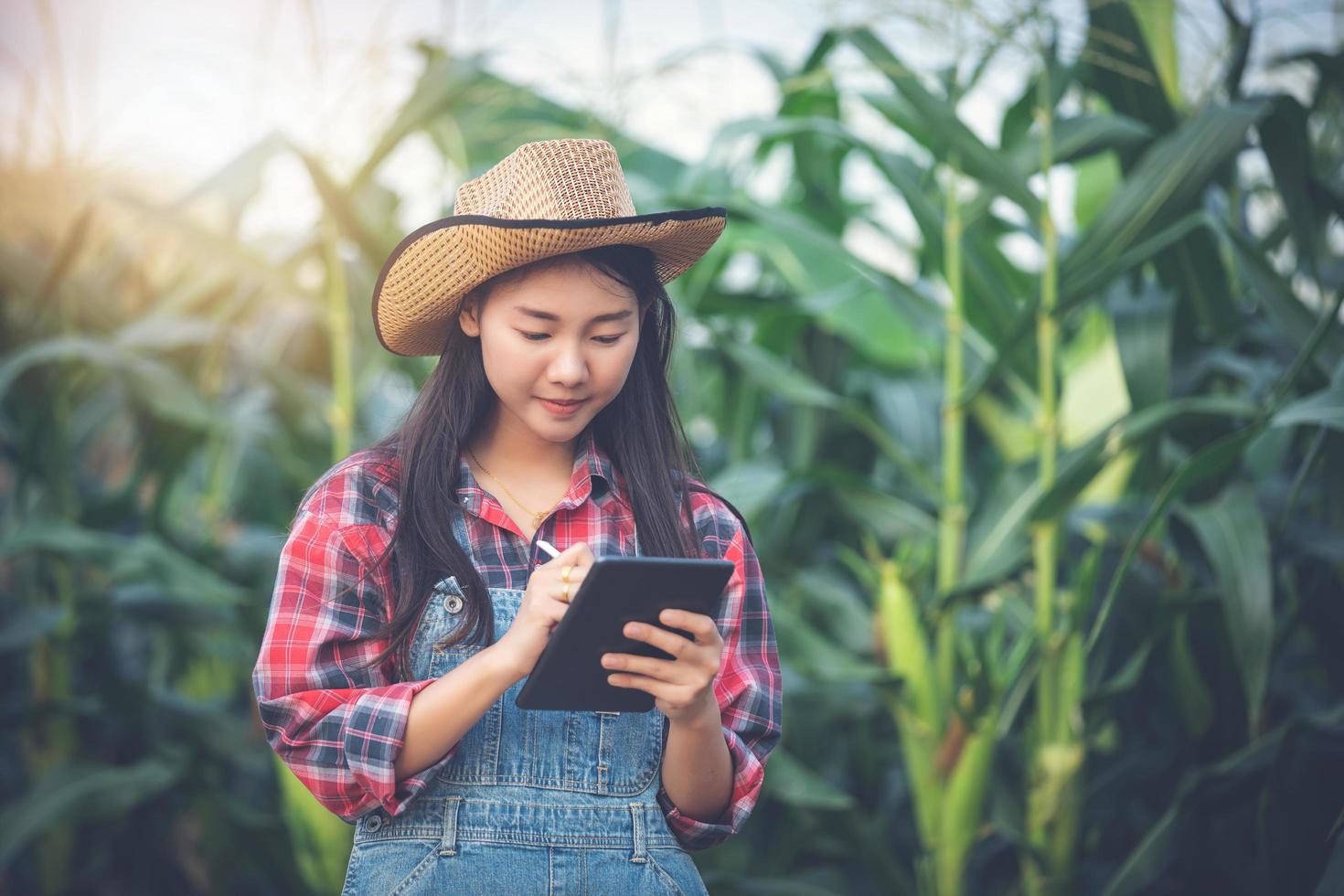 asies femmes agronomes et agricultrices utilisant la technologie pour inspecter les champs de maïs agricole photo