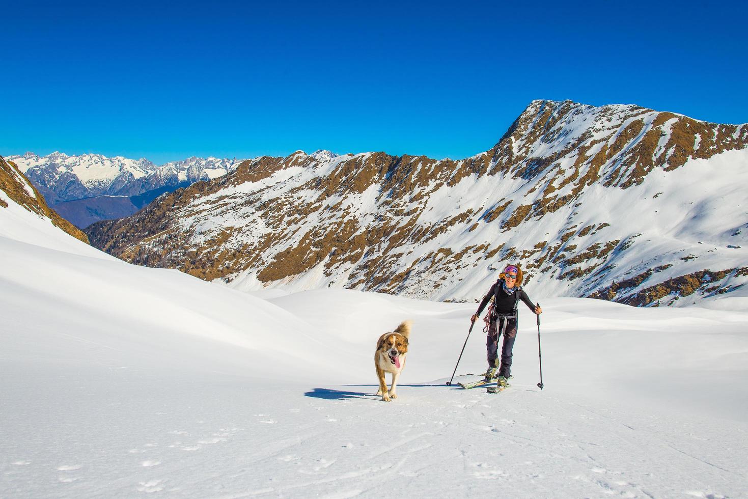 fille fait du ski alpinisme avec chien photo