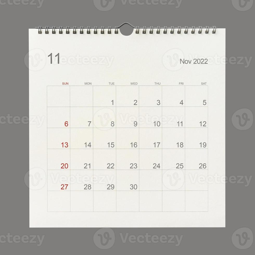 page de calendrier de novembre 2022 sur fond blanc. arrière-plan du calendrier pour rappel, planification d'entreprise, réunion de rendez-vous et événement. photo