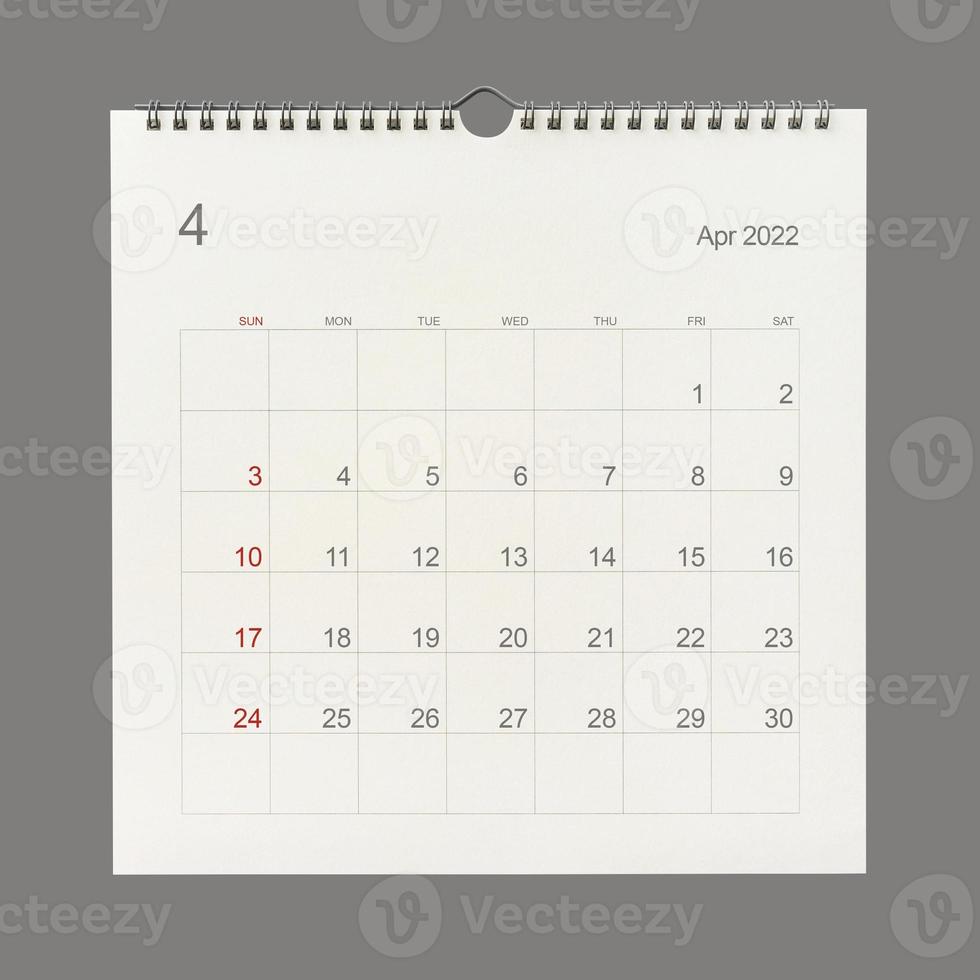 page de calendrier d'avril 2022 sur fond blanc. arrière-plan du calendrier pour rappel, planification d'entreprise, réunion de rendez-vous et événement. photo