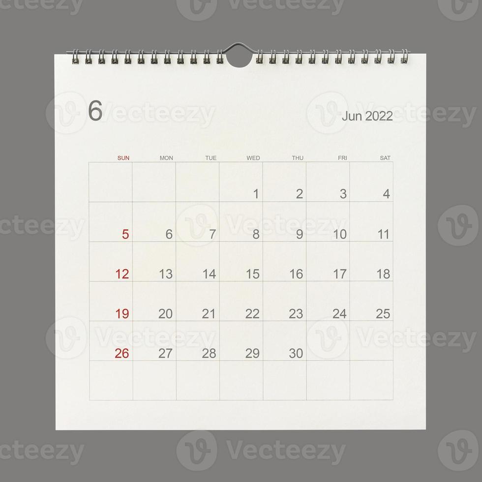 page de calendrier de juin 2022 sur fond blanc. arrière-plan du calendrier pour rappel, planification d'entreprise, réunion de rendez-vous et événement. photo