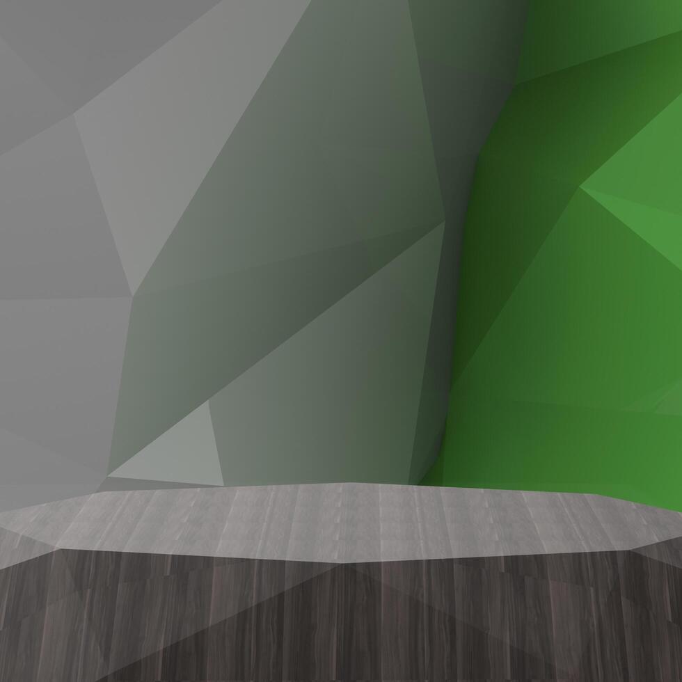 étagère en bois low poly vide sur table en stratifié et arrière-plan géométrique low poly photo