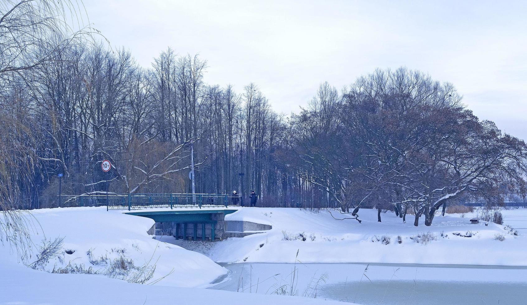 pont en bois dans le parc de la ville par une froide journée d'hiver photo