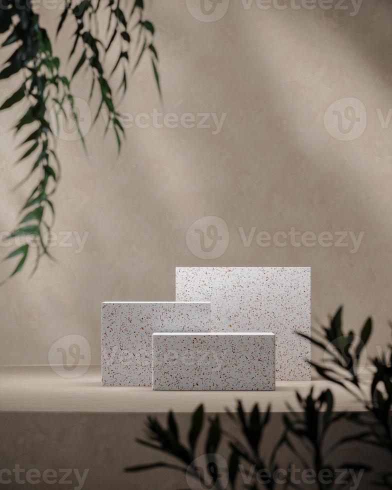 trois terrazzo blancs sur une scène beige maquette, flou au premier plan des plantes. arrière-plan pour la présentation du produit ou les publicités. rendu 3d photo