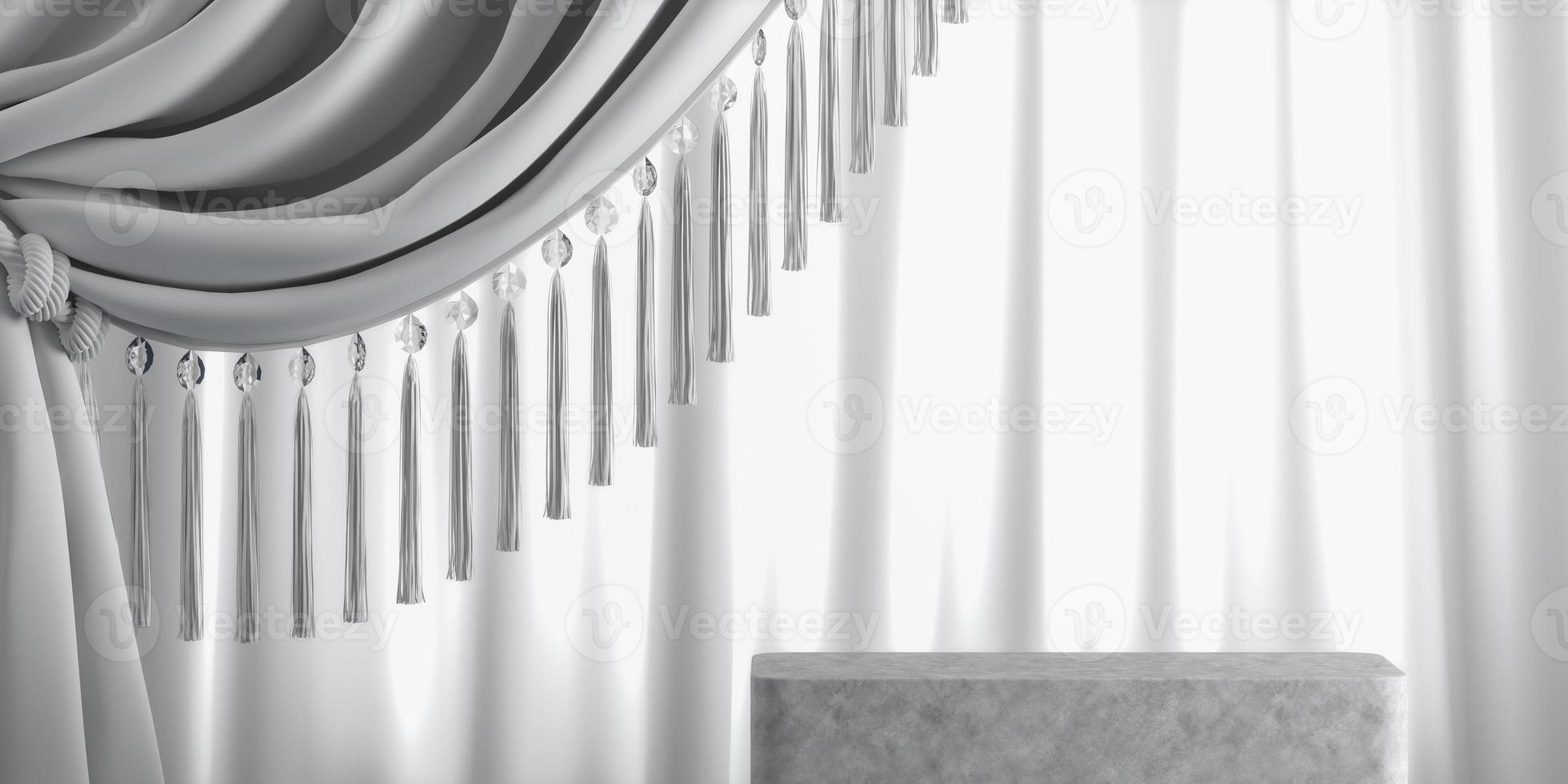 le podium en ciment blanc et le rideau avec des cristaux, un arrière-plan abstrait pour la marque et la présentation du produit. photo
