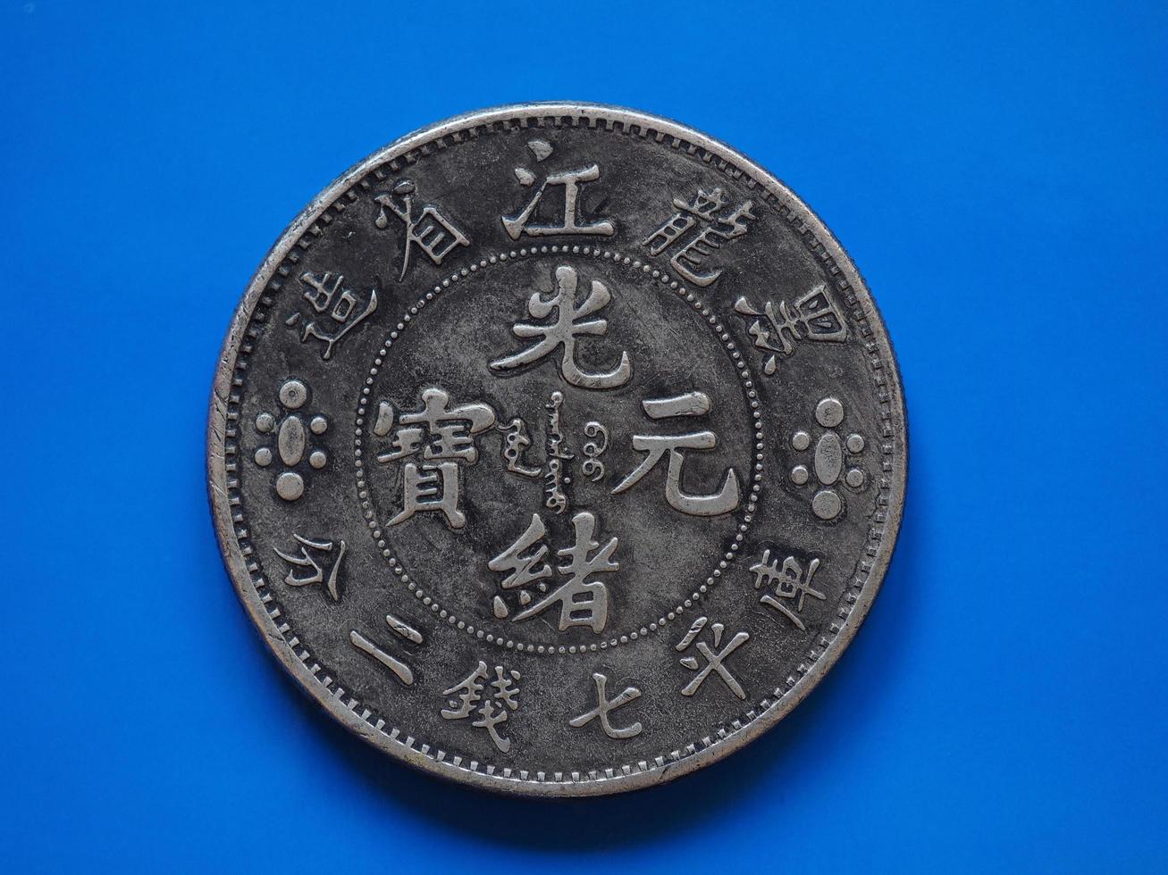 Ancienne pièce de monnaie chinoise sur bleu photo