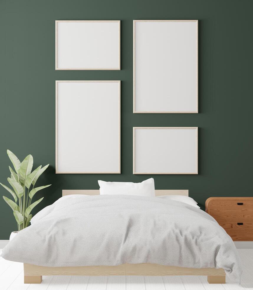 quelques cadres d'affiches simulés dans un fond intérieur moderne en haut du lit dans la chambre à coucher avec quelques arbres, rendu 3d, illustration 3d photo