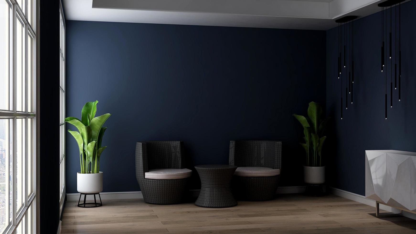 Conception de maquette de mur de salon d'invités de rendu 3d avec un concept de design d'intérieur minimaliste moderne photo