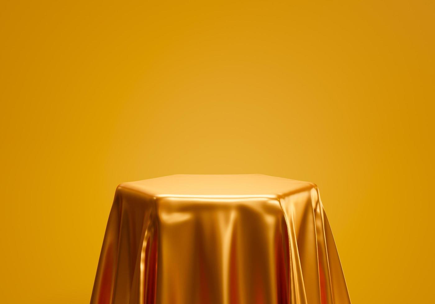 tissu luxueux doré placé sur un piédestal supérieur ou une étagère de podium vierge sur fond doré avec concept de luxe. rendu 3d. photo