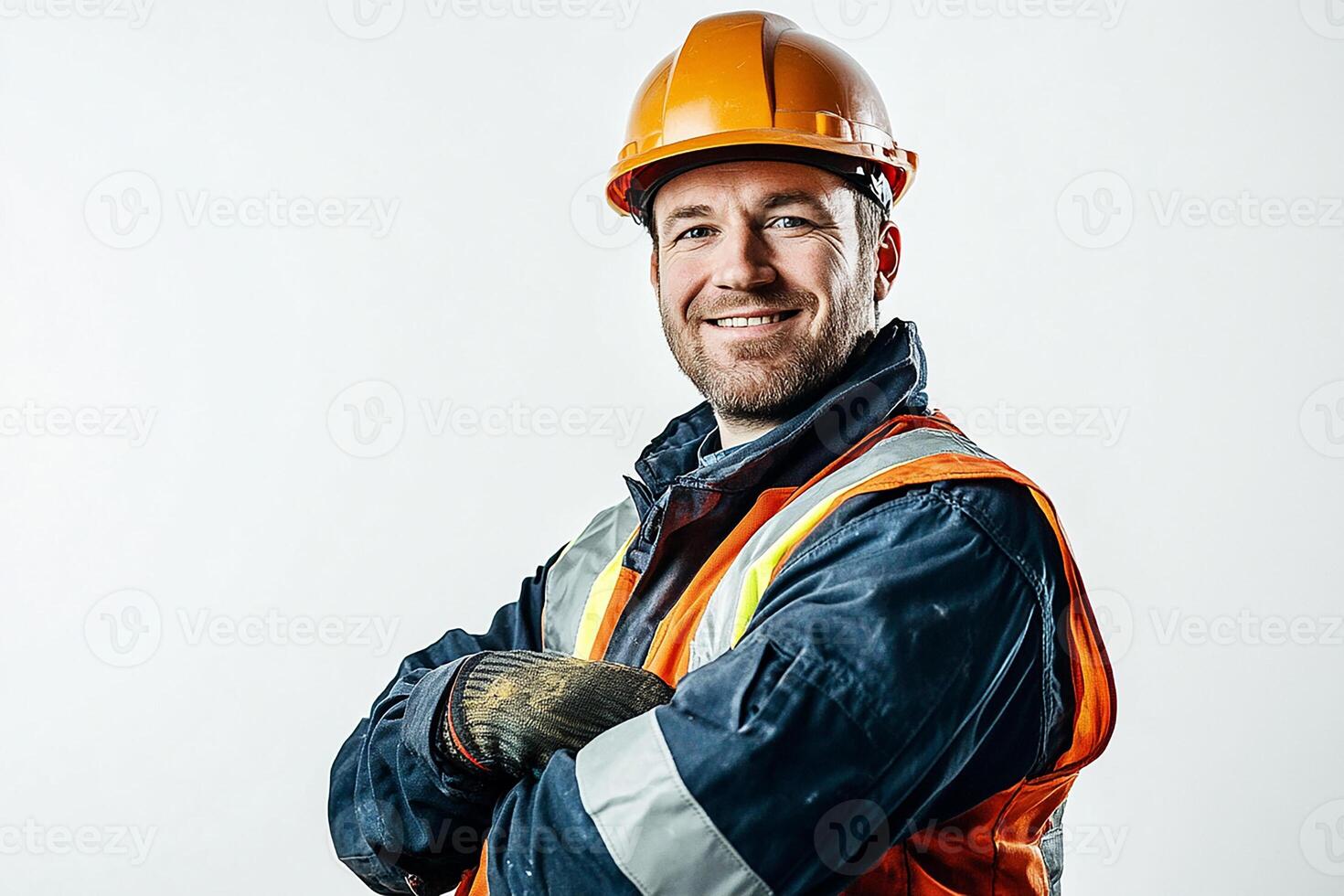 une homme dans un Orange gilet et difficile chapeau photo