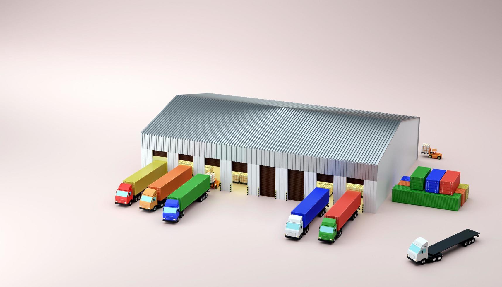 parc de camions conteneurs pour charger des marchandises à l'illustration de rendu 3d de l'entrepôt photo