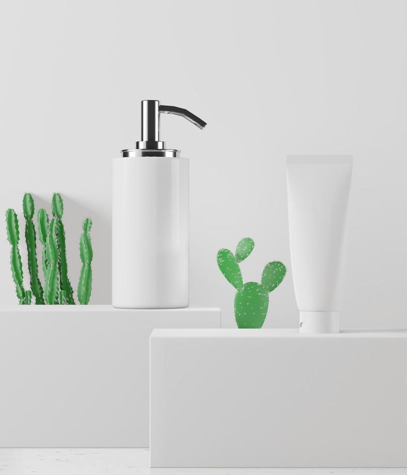 une maquette de couple tube et bouteille cosmétique vierge blanc réaliste isolé sur fond bleu clair avec quelques kaktus, rendu 3d, illustration 3d photo
