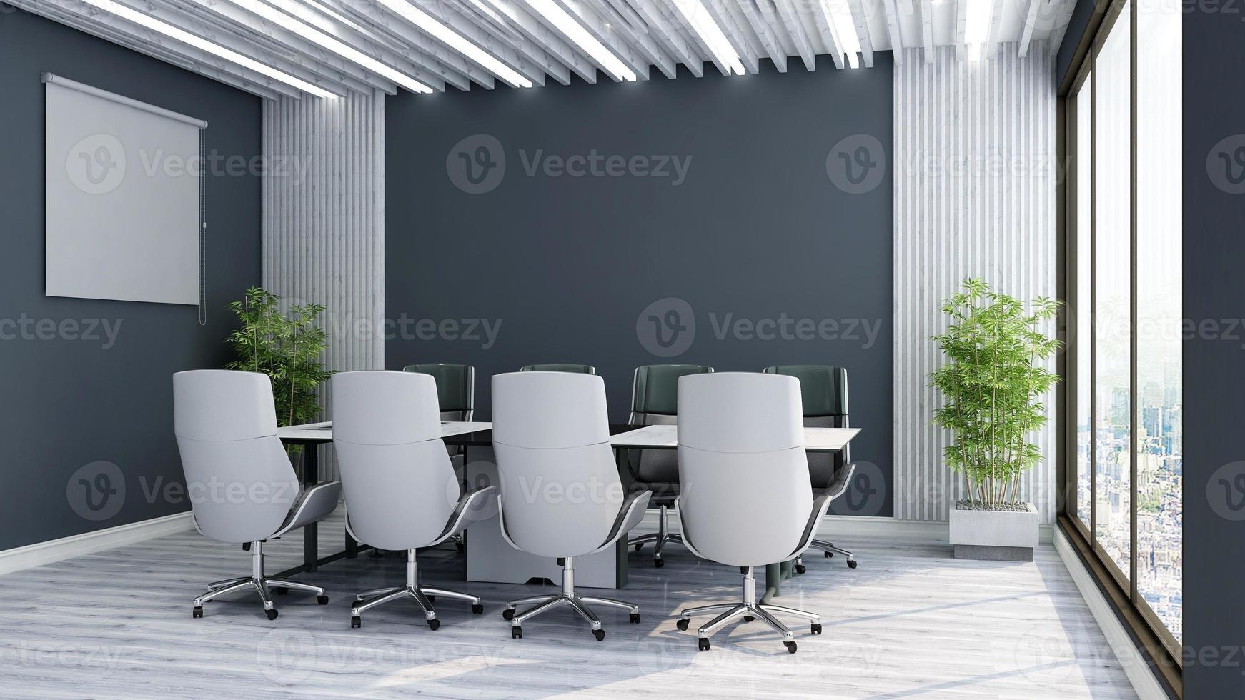 Conception de bureau de rendu 3d - maquette de salle de réunion moderne avec concept noir et blanc photo