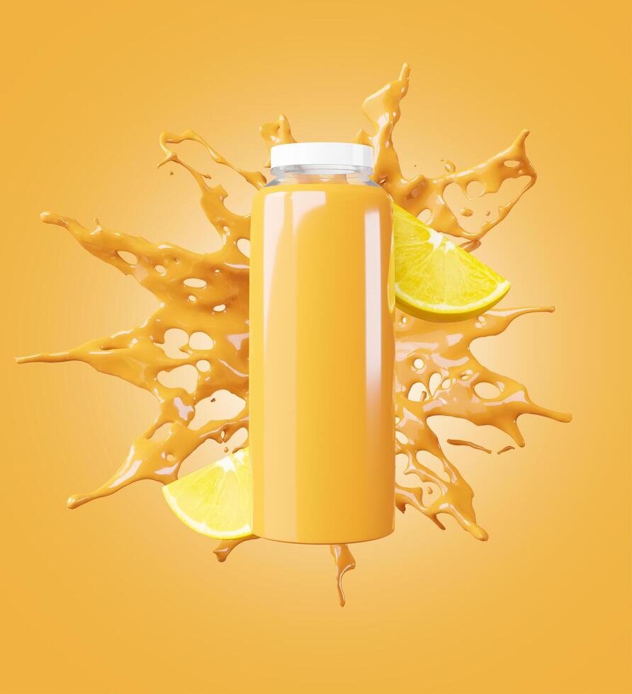 une bouteille utilisée pour emballer du jus d'orange avec des oranges. photo