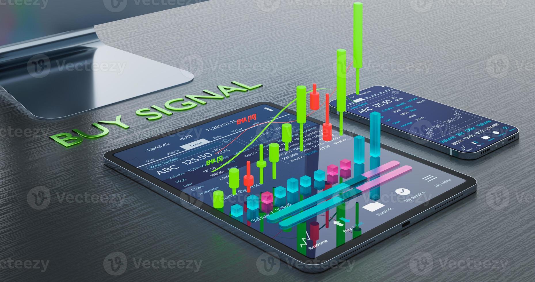 signal de stock, signal d'achat, signal de vente, trading de devises mobiles - illustrateur de rendu 3d photo